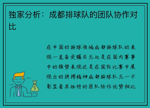 独家分析：成都排球队的团队协作对比